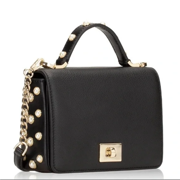 KATE SPADE Black Glitter Leather Serrano Place Pearl Mini Satchel Crossbody Bag